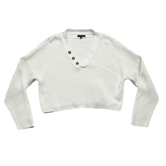 Kendall Kylie Sweater M White Ribbed Cotton Cropped Pullover V-Neck - Picture 1 of 8
